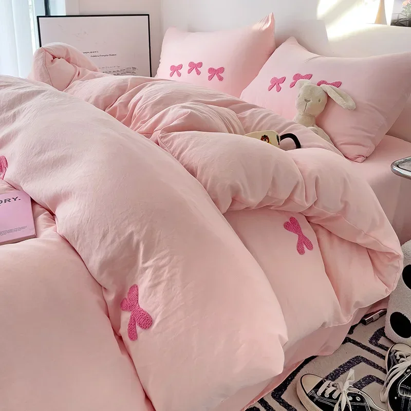 Cute Pink Bows Duvet Cover Set, 3D Embroidery Bedding Sets Pink Bed Set, Comfy Queen Comforter Covers Soft for Girls Kids Teens