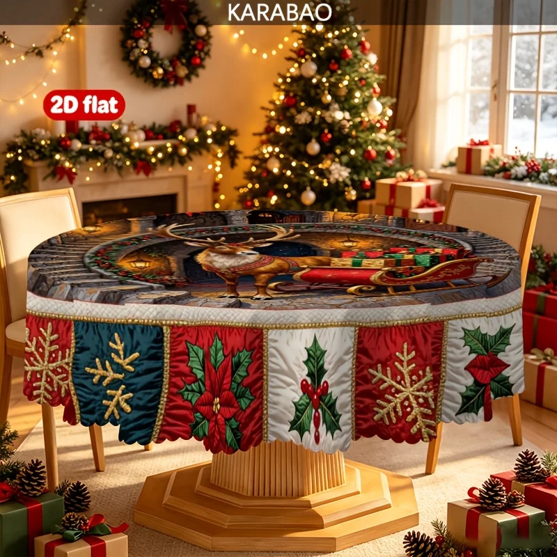 1 Christmas-themed round lace tablecloth, reindeer sleigh castle pattern, red, green and gold color scheme, festive atmosphere