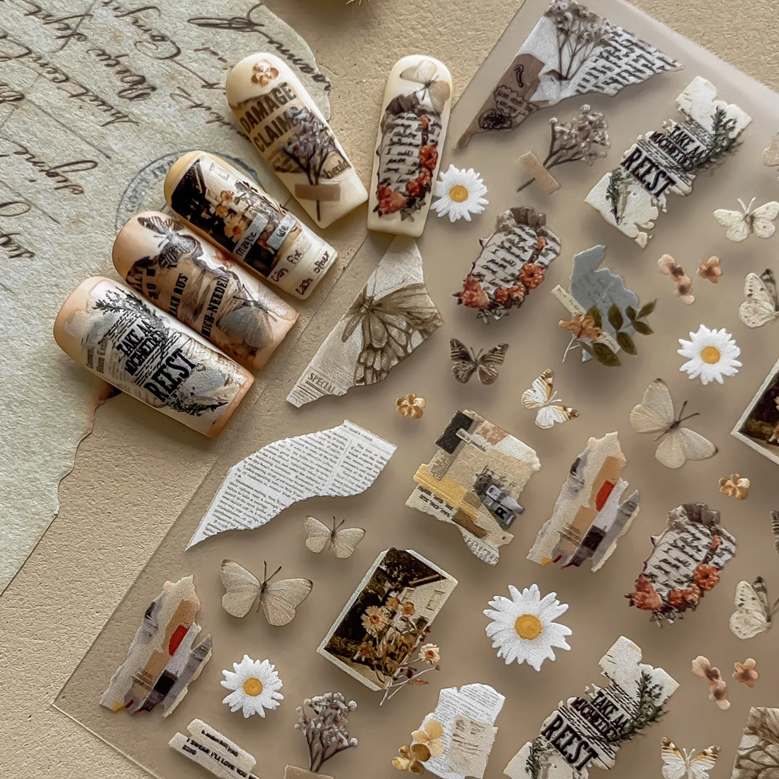 Fashion Torn Newspaper Book Pages 5D Nail Stickers Dried Daisy Butterfly Old Photo Fragments Self Adhesive Nail Decoration Decal