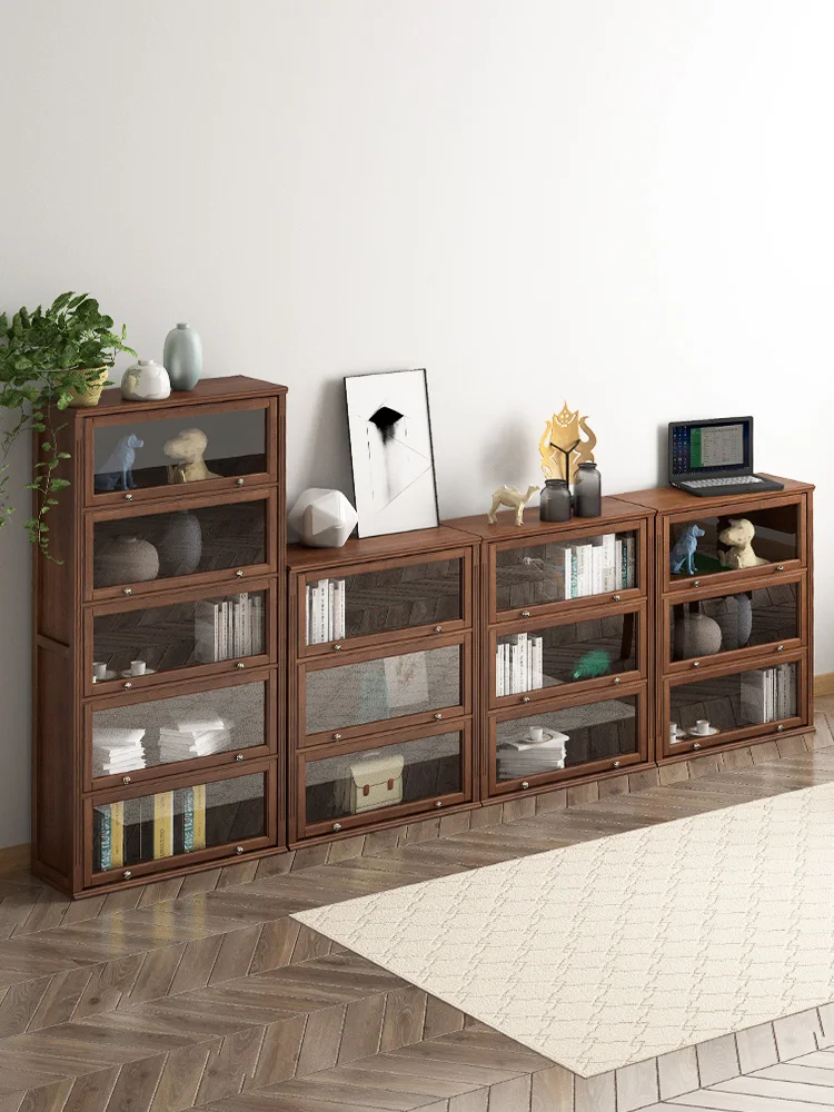 Pure Solid Wood Short Bookcase Free Combination Walnut Color Hand-Made Display Cabinet Bookcase