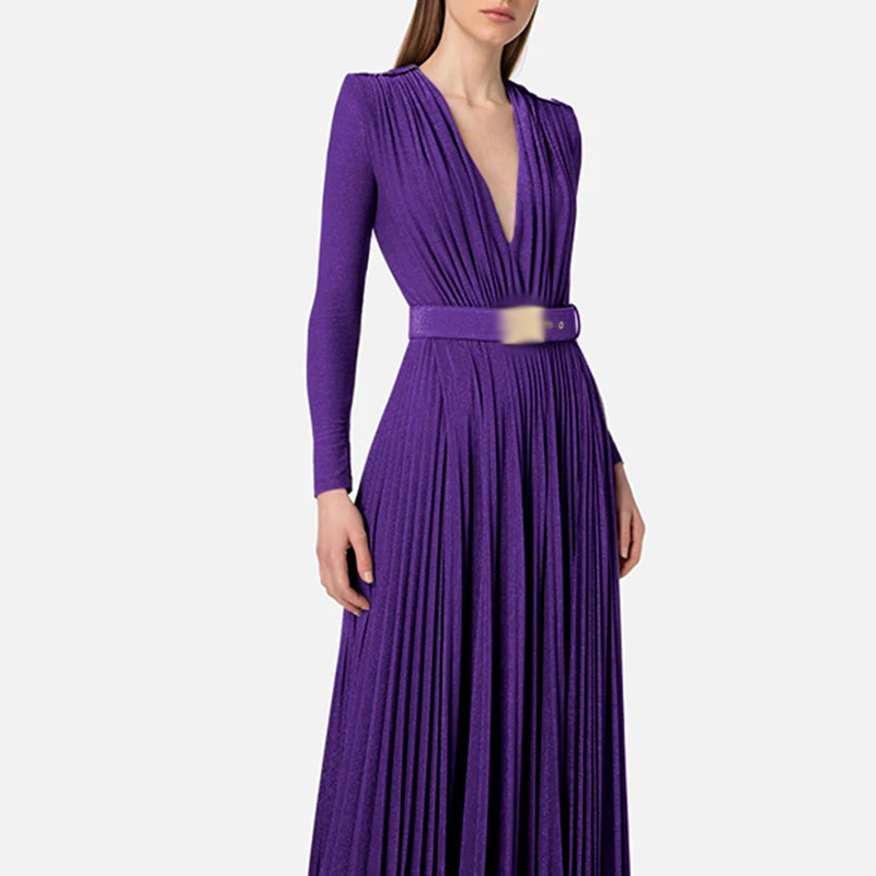 Sexy High Waist Belted Ruched Pleated Luxury Dresses Women Spring V Neck Split Party Long Dress Fall Long Sleeve Boho Maxi Dress