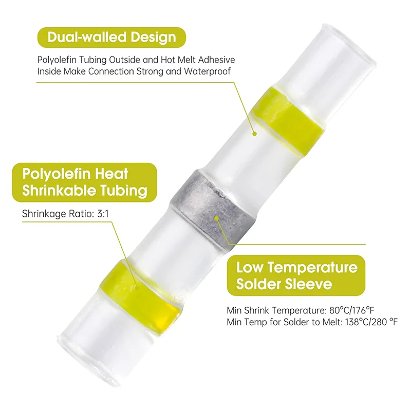 

Heat Shrink Solder Seal Waterproof Butt Splice Terminals 0AWG 12-10 Yellow for Automotive Marine DIY