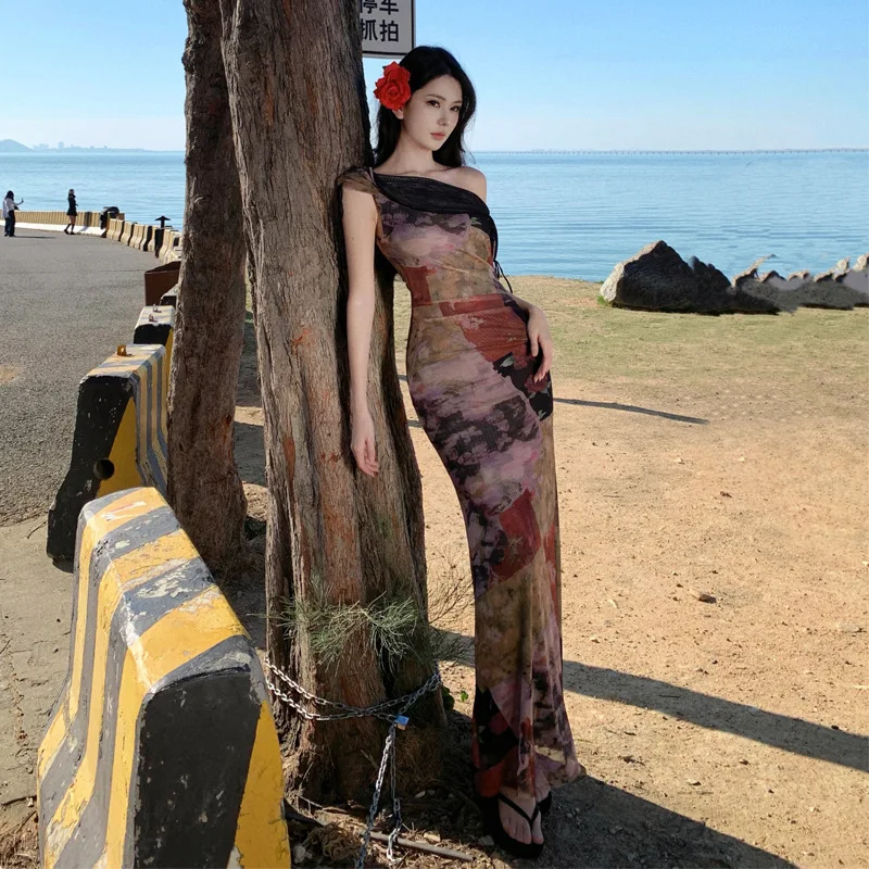 French Off-Shoulder Swing Collar Printed Mesh Dress For Women Summer Cheongsam Sexy Slim Fit Mermaid Bodycon Long Dress