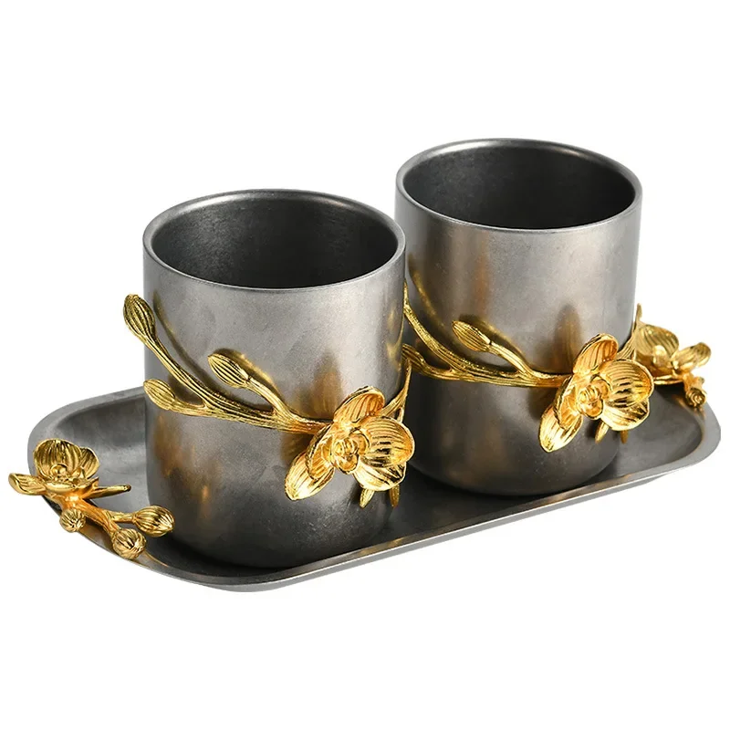 Retro light luxury bloom series nut small bowl pair combination tray stainless steel fruit plate table top ornament