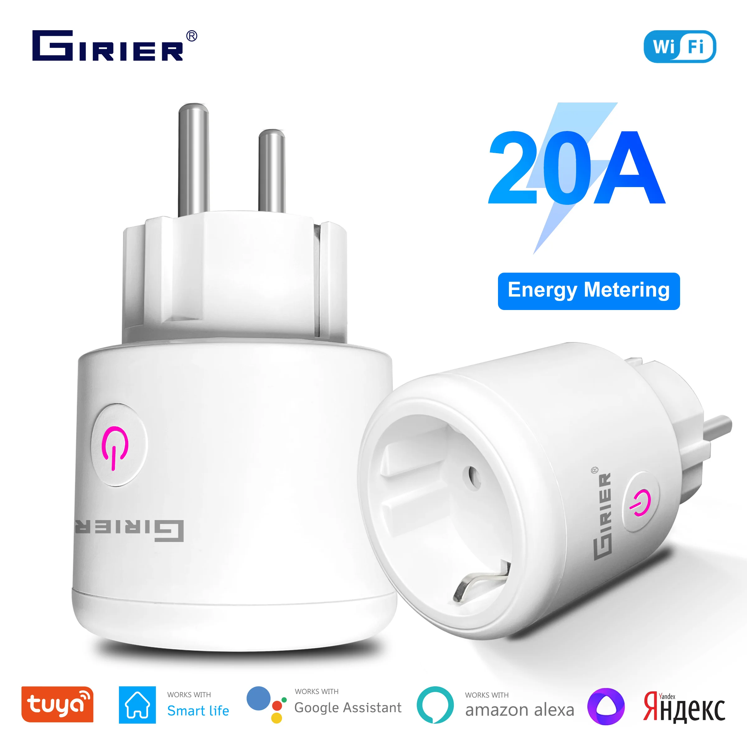 GIRIER Tuya Smart Wifi Plug EU with Power Monitoring 20A Smart Socket Outlet 4200W Compatible with Alexa Hey Google Yandex Alice