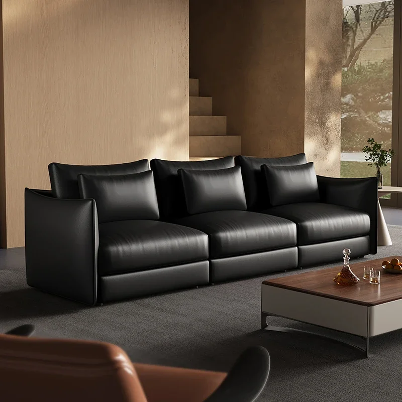 AAItalian Minimalist Sofa Living Room Straight Row First Layer Cowhide Light Luxury Three-person Black Jungle Sofa