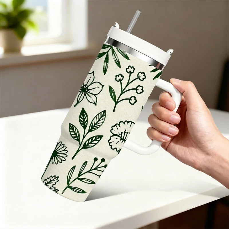 1pc 40 Oz Stainless Steel Insulated Tumbler with Handle And Straw, Hand-Drawn Green Botanical Floral Leaf Sublimation Print Double Wall Travel Mug, Keeps Drinks Hot 18H & Cold 36H, Ideal for Daily Use