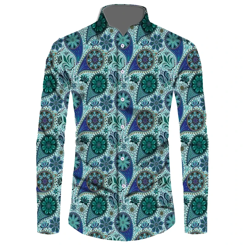 Camisa de Cachemira con estampado 3D de flor de anacardo para hombre y mujer, Tops de manga larga con botones, cuello vuelto, ropa de calle Vintage