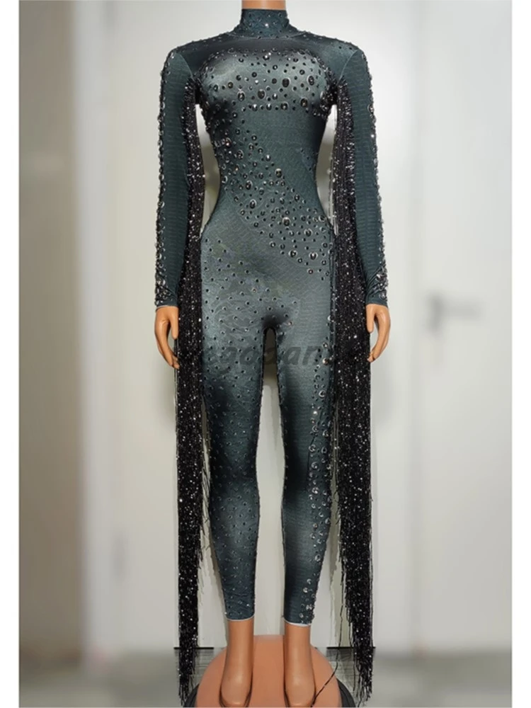 Sexy Tassel Rhinestones Jumpsuit For Women Long Singer Performance Costumes