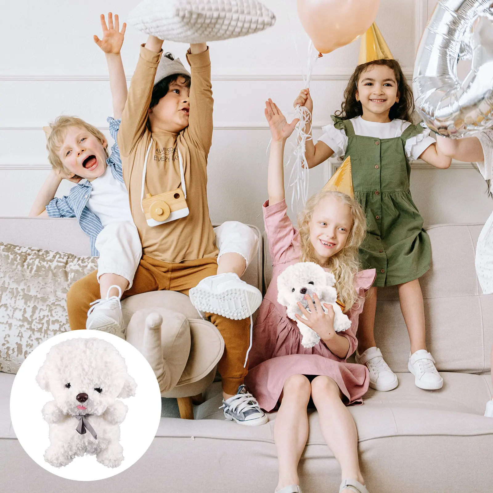 

White Bichon Stuffed Animal Puppy Soft Compact Size Bedroom Decoration Family Gift Dog Stuffed Animal