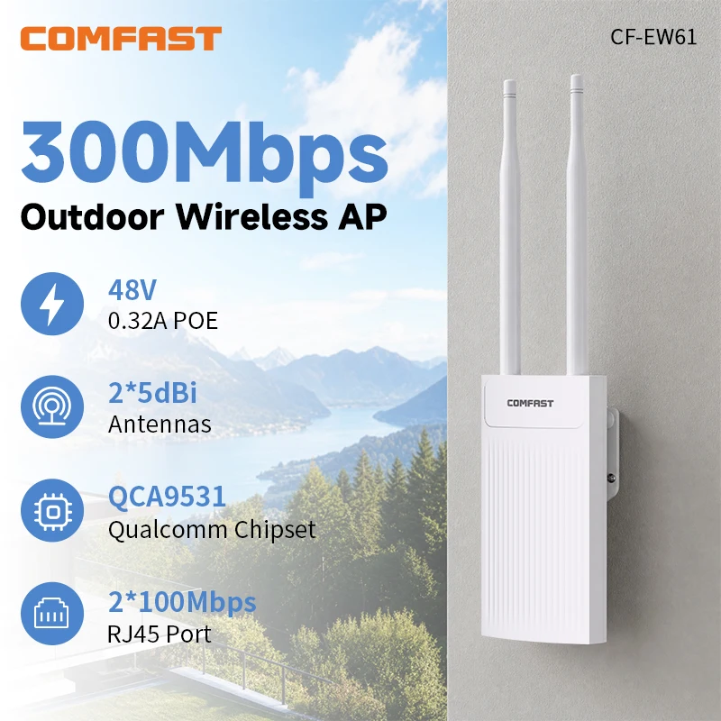 COMFAST CF-EW61 300Mbps Outdoor Wireless AP 2.4GHz High Power WiFi Access Point 5dBi Antenna PoE IP66 Waterproof 50+ Users
