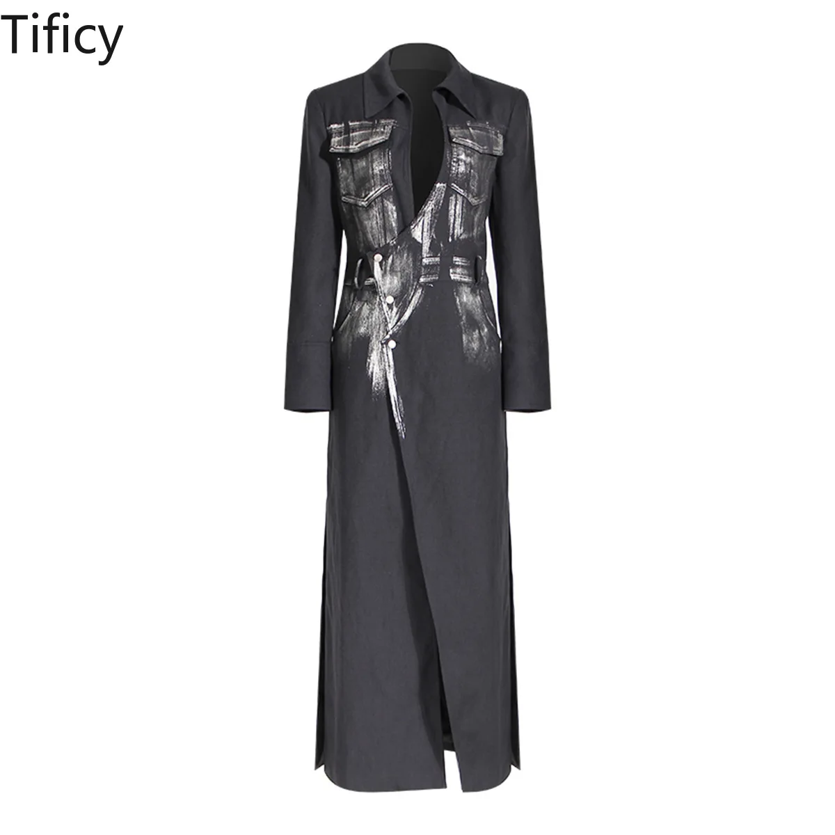 

TIFICY Windbreaker Long Coats Autumn Women's Handmade Metal Silver Brush Rock Artist Style Super Long Blazer Trench