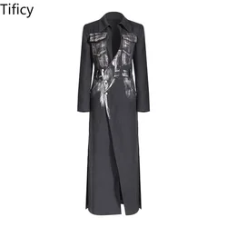 TIFICY Giacca a vento Cappotti lunghi Autunno Donna fatta a mano in metallo argento Pennello Rock Artist Style Super Long Blazer Trench