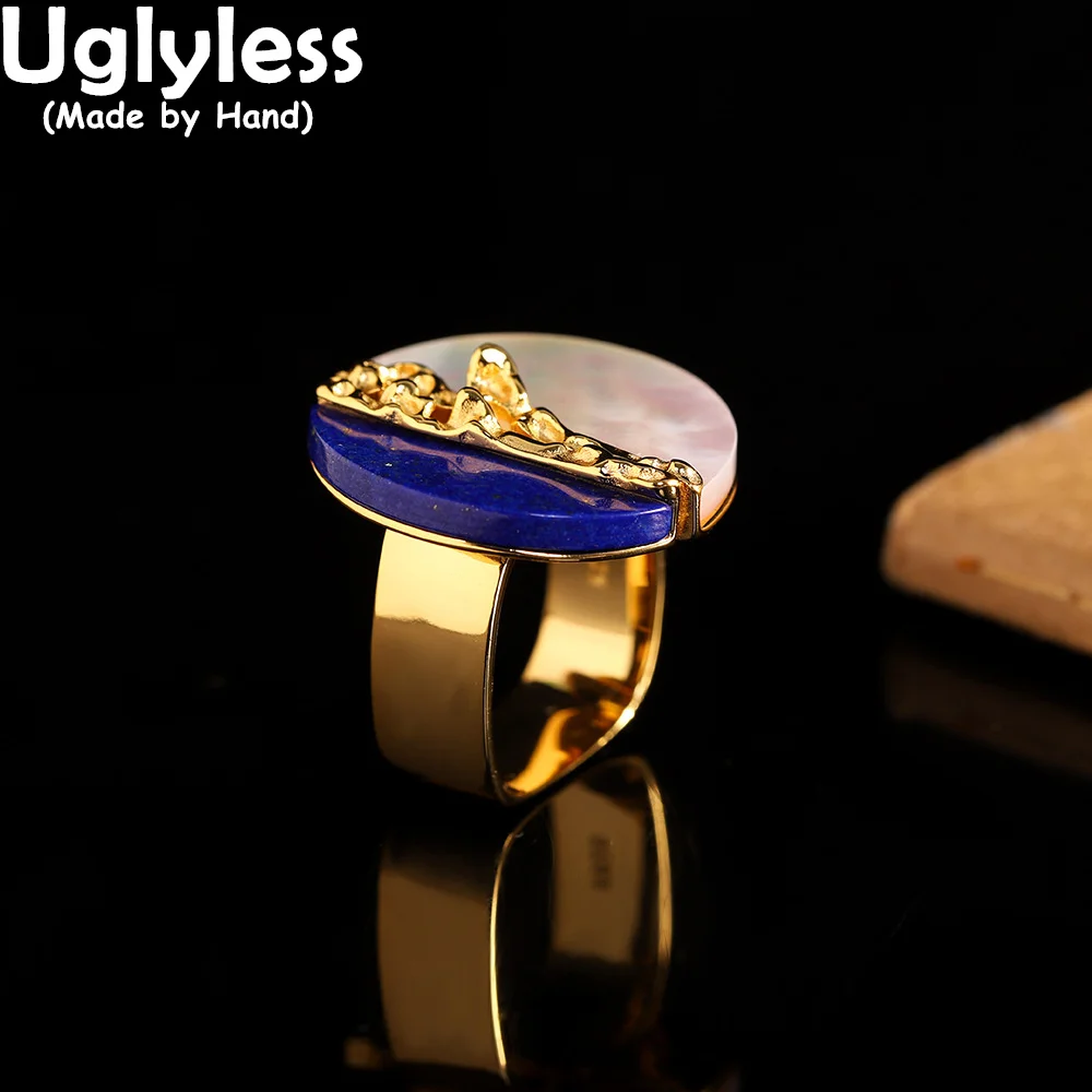 Uglyless Spliced Big Button Rings Women Exaggerated Fashion Square Circle Rings Thick Gold Plated 925 Silver Lapis Shell Rings