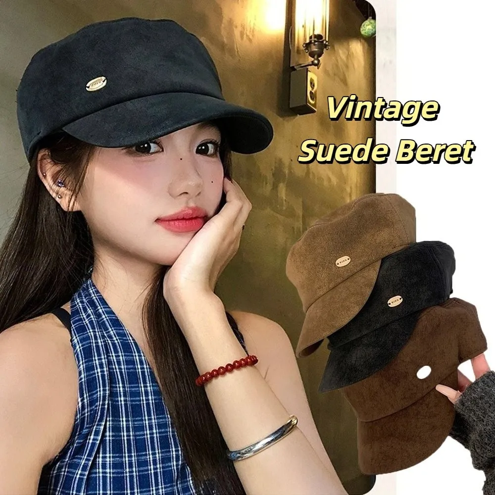 Boina retrô vintage de camurça Y2k, boinas de pintor artístico, aba plana, gorro versátil, streetwear