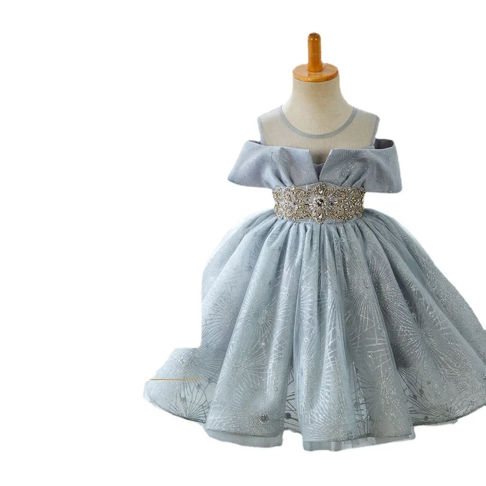 New Baby Girl Princess Vintage Dress Tulle Children Rhinestone Kids Wedding Party Birthday Tutu Dress Glitter