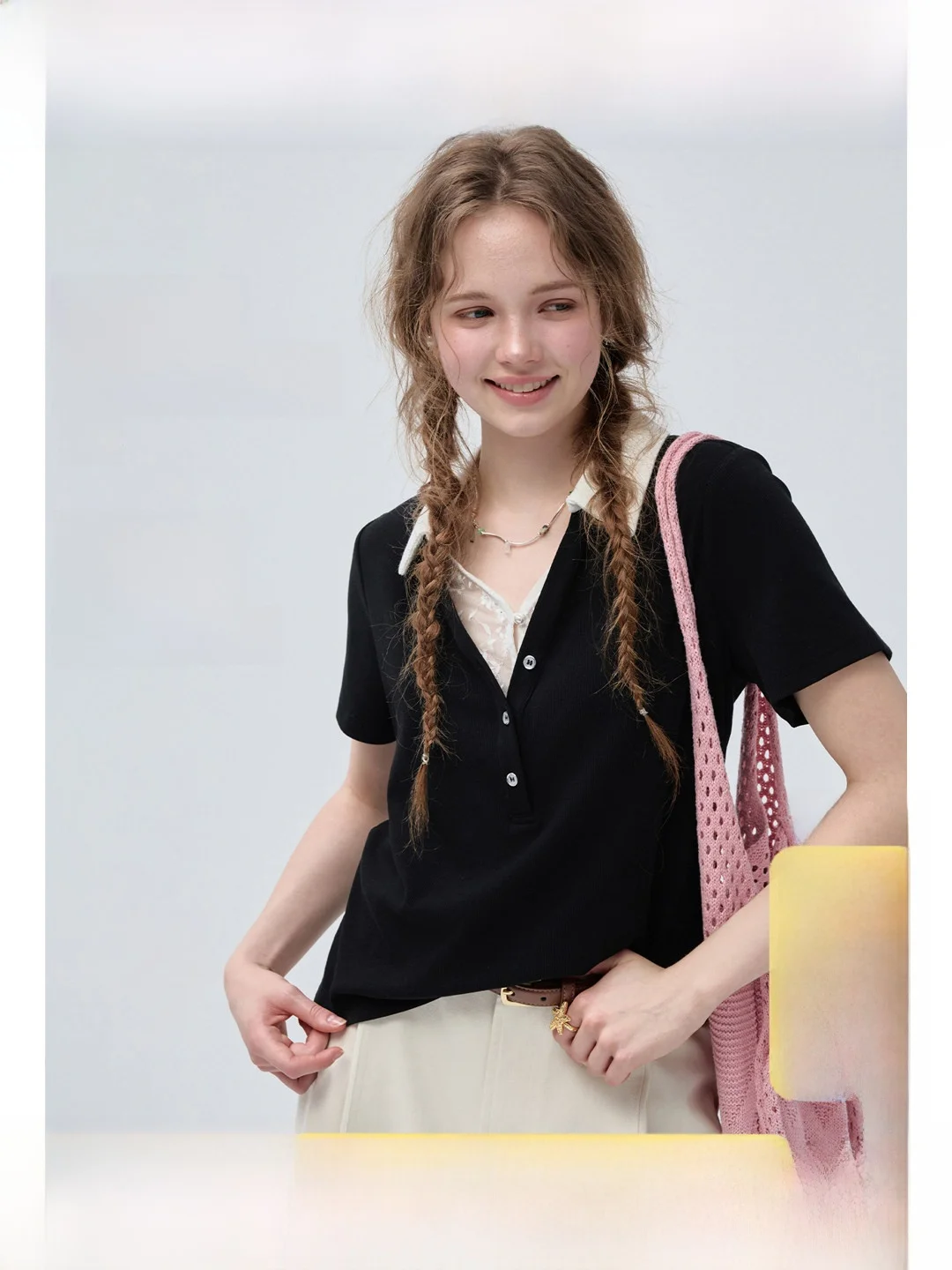 

Cool Feeling Fabric plus Size Women's T-shirt V-neck Short Sleeve Turn-down Collar Standard Fit Korean Style Summer Top