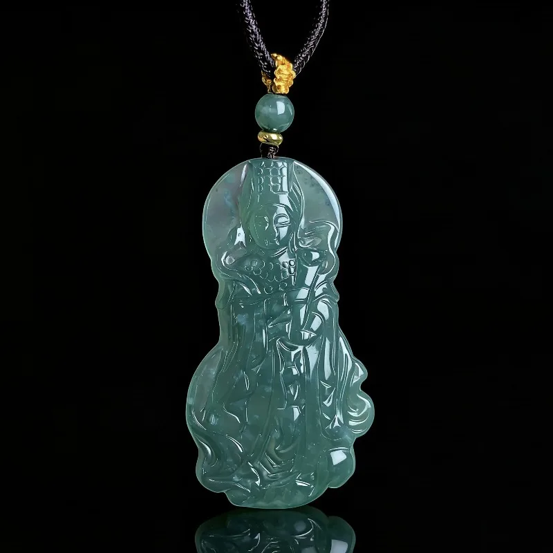 

Natural Real Emerald Blue Water Mazu Pendant Myanmar Jadeite Necklace Jewelry Charm Designer Luxury Vintage Women Guardian Deity