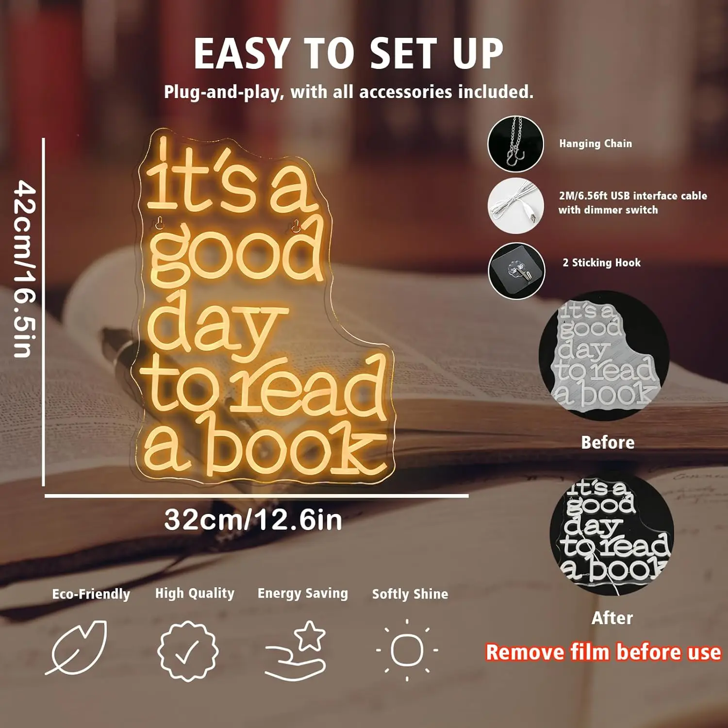 Read Books Neon Signs LED Lights Letter Wall Light Up Sign Room Decoration For Bedroom Library Study Reading Club Dimmable Lamp