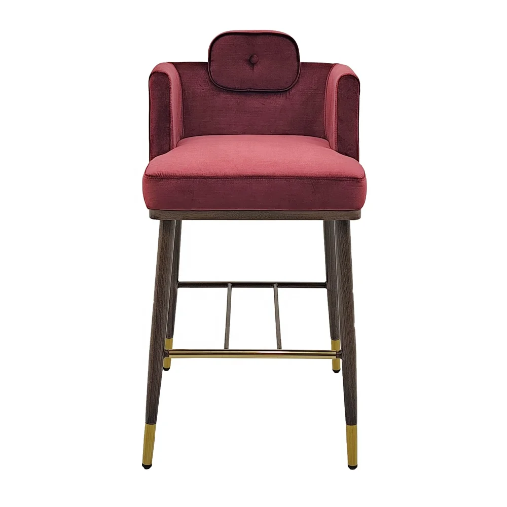 Luxury Burgundy Velvet Bar Stool, Armrest Backrest, Modern High Chair for Kitchen Island, Bar Counter, Restaurant Seating