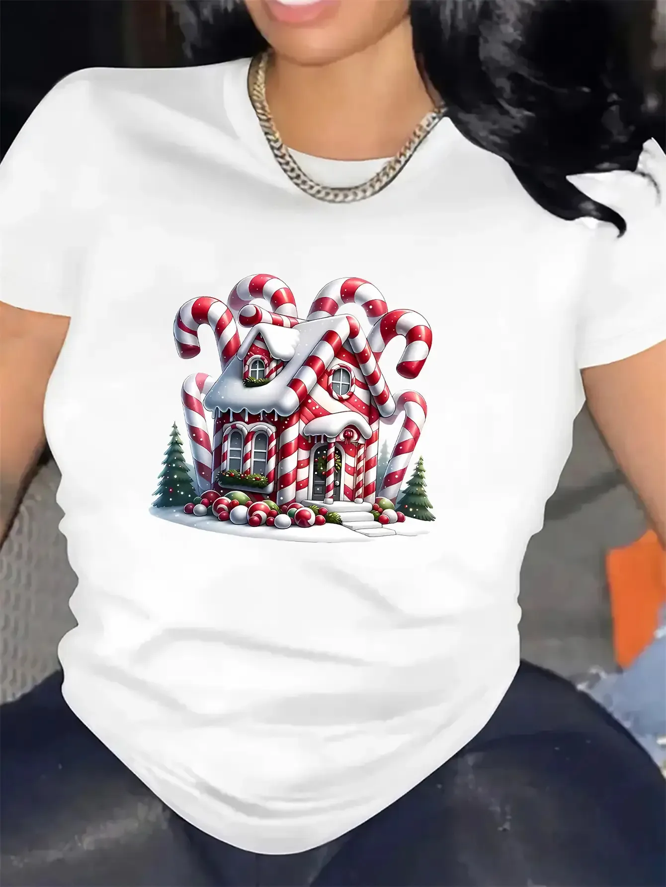 Women's Christmas Cottage Candy Cane Print Gingerbread House Snowy Winter Scene Christmas Gingerbread House with