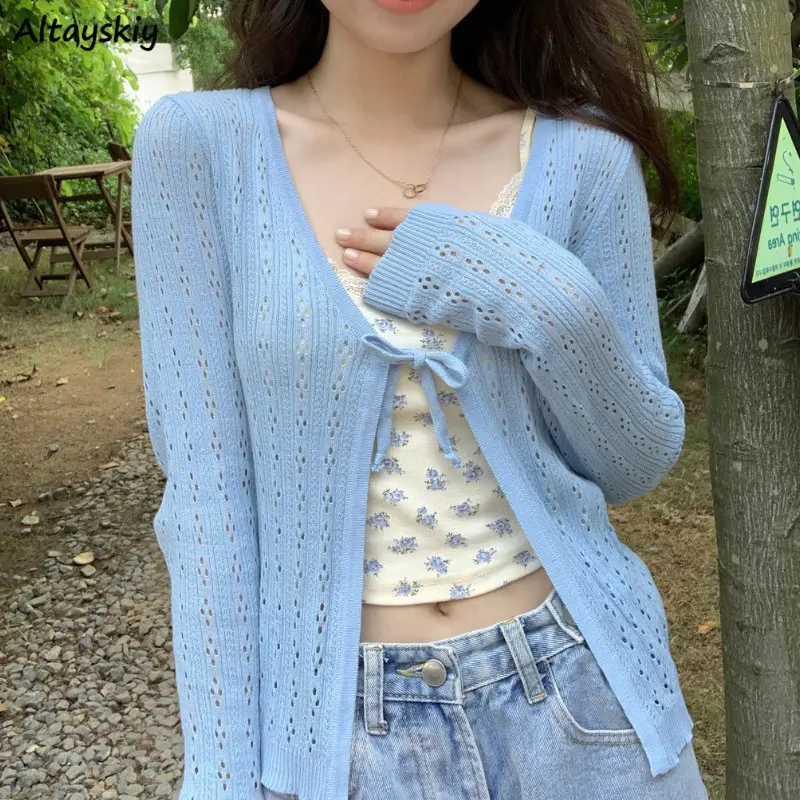 Hollow Out Cardigan Women V-neck Vintage Knitted Spring Streetwear Open-stitch French Style Daily Tender Casual Simple Clothes