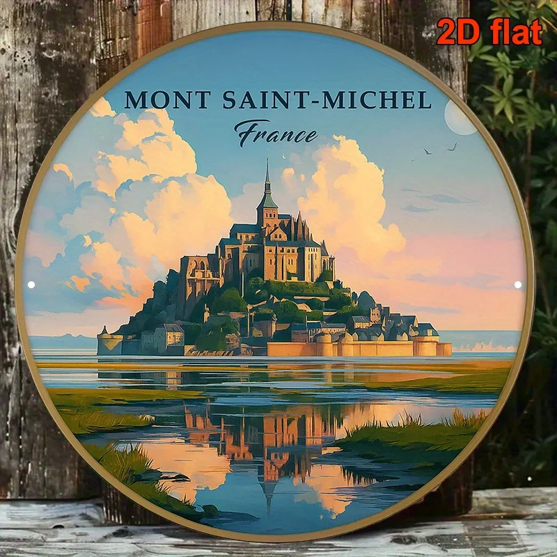 2D Flat, 1pc French Vintage Mont Saint-Michel Sign - 8-Inch Round Aluminum Plaque with Mont Saint-Michel Landmark, French Landsc