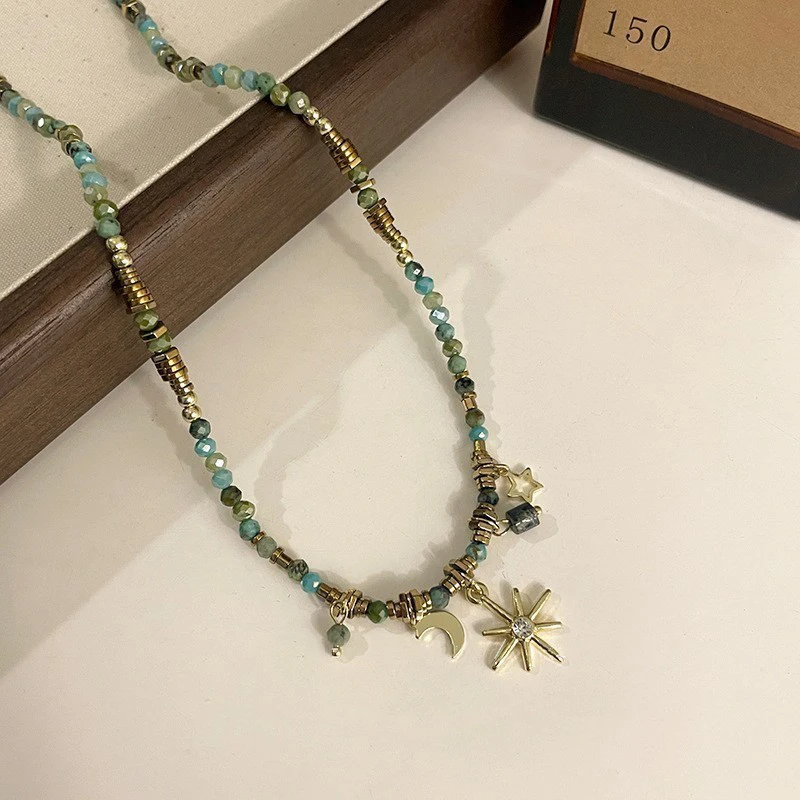 Vintage Green Stone Beaded Necklace Star Moon Sunflower Charm Clavicle Chain Women Party Jewelry Summer Vacation image 6