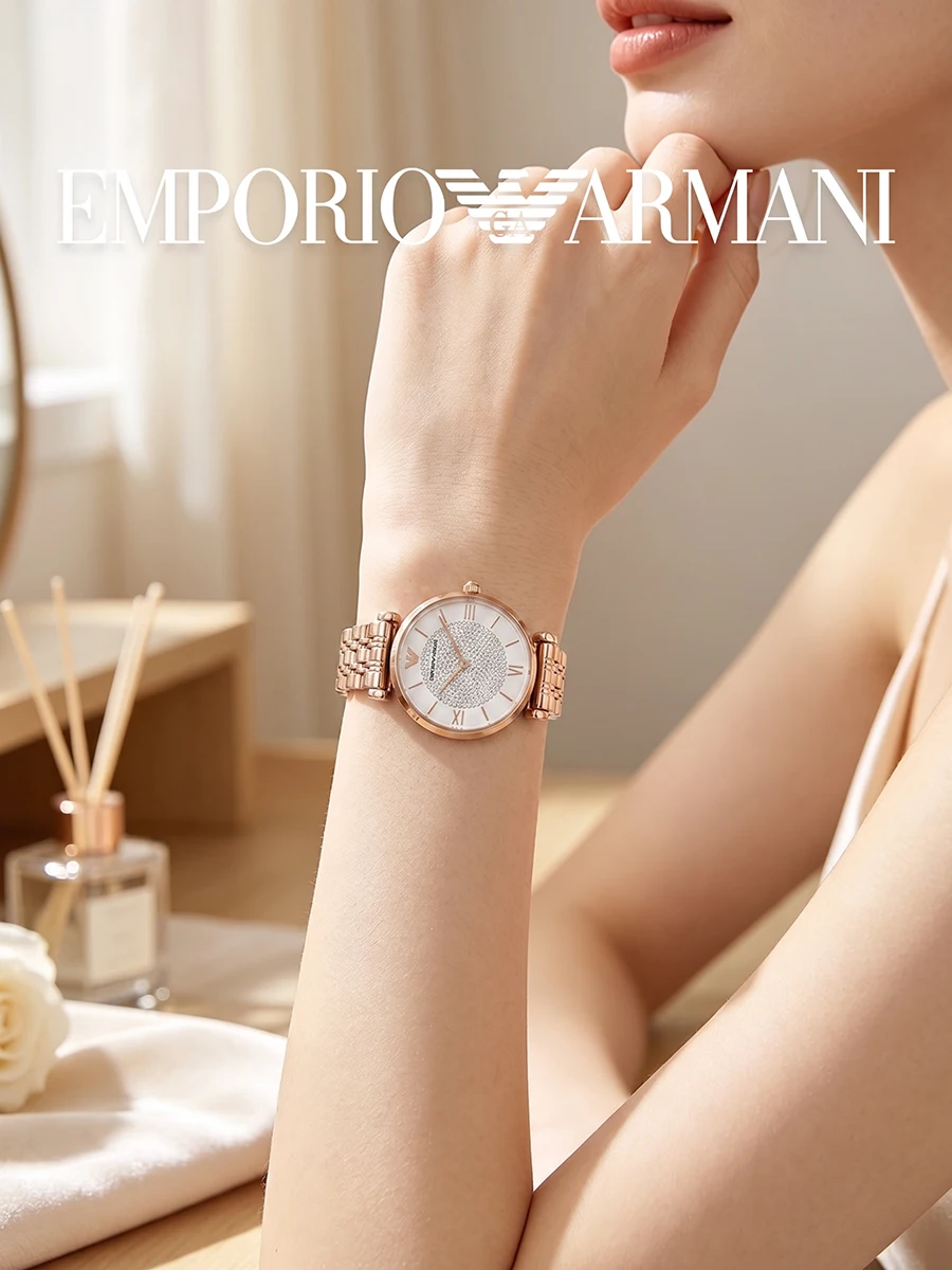 AR11244 Ladies Quartz Timepiece Rose Gold Metal Band Paved Crystal White Dial Roman Numerals Sophisticated Dress Wristwatch