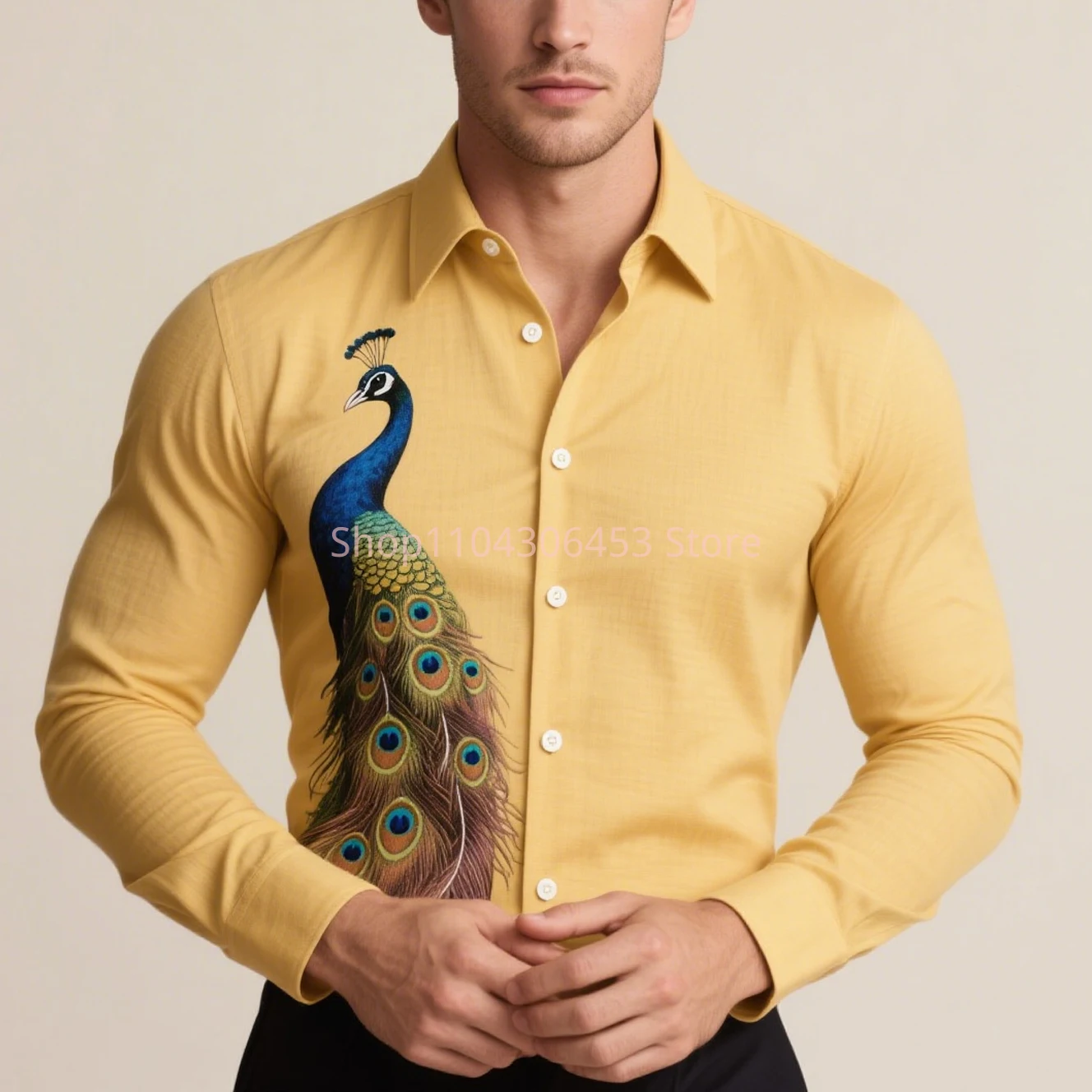 

Men's peacock feather theme 3D printed white shirt Hawaiian casual long-sleeved lapel light shirt business simple party formal