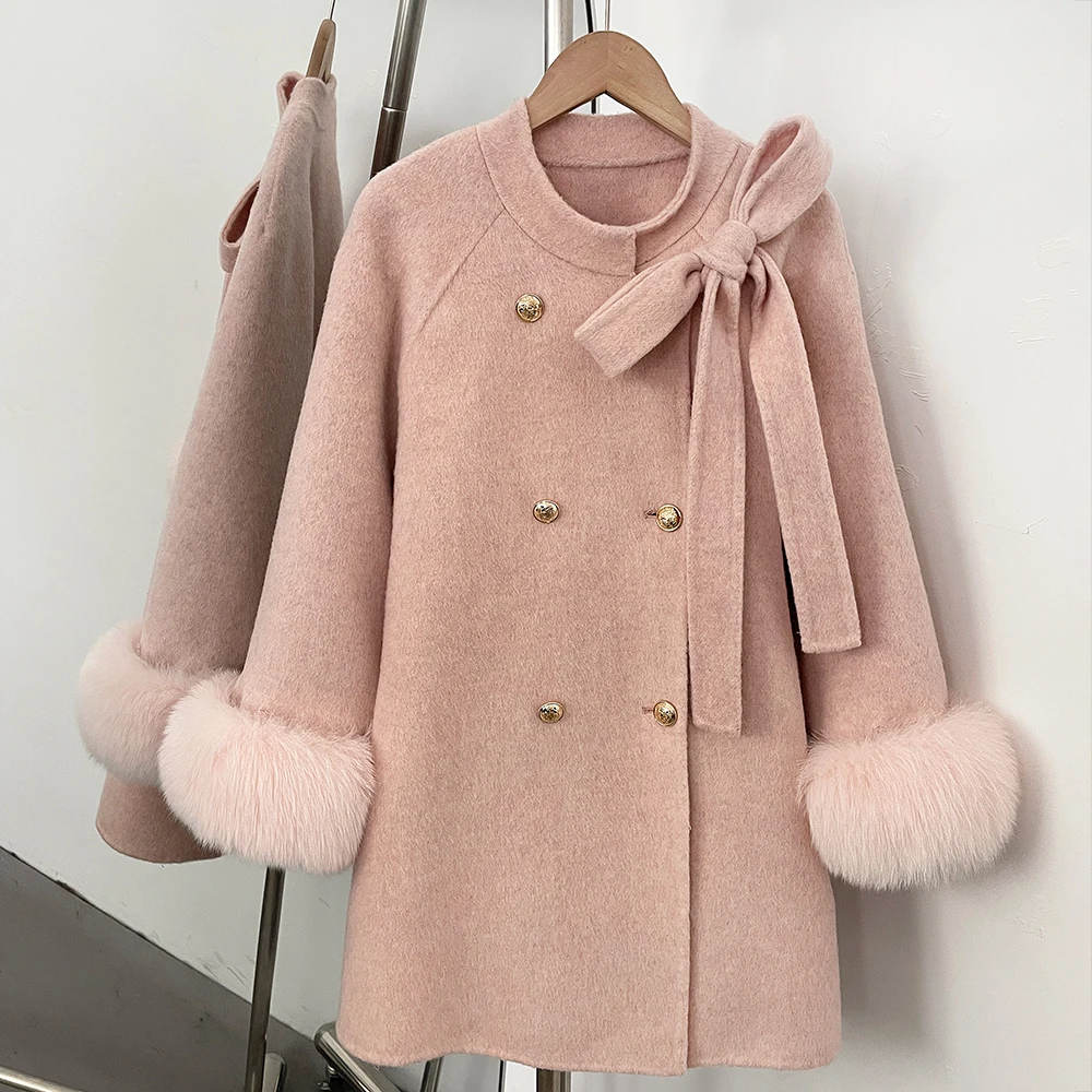 OFTBUY Schleifen-Wolljacke Mittellang Rundhals 100% Wollmantel Damen Neu Herbst Winter Doppelreihiger Echter Fuchspelz Wollkleidung – Detail 9