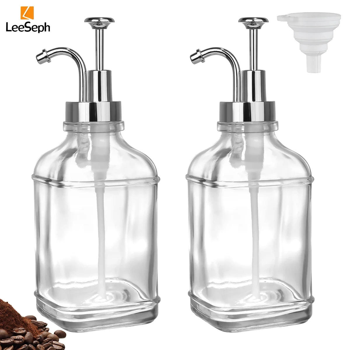 Leeseph Coffee Syrup Dispenser Set with 1 collapsible funnel, Refillable Glass Syrup Pump Bottles Press Dispenser, 500ml/16.9oz