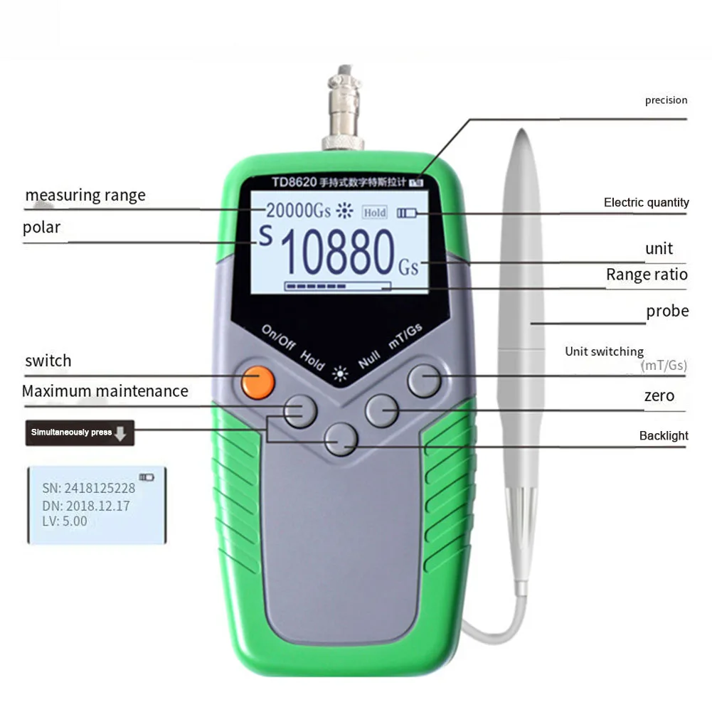 TD8620 Permanent Magnet Gauss Meter Handheld Digital For Tesla Meter 5% 2% 1% 4 Digits High-sensitivity 0-24000mT Measuring Tool