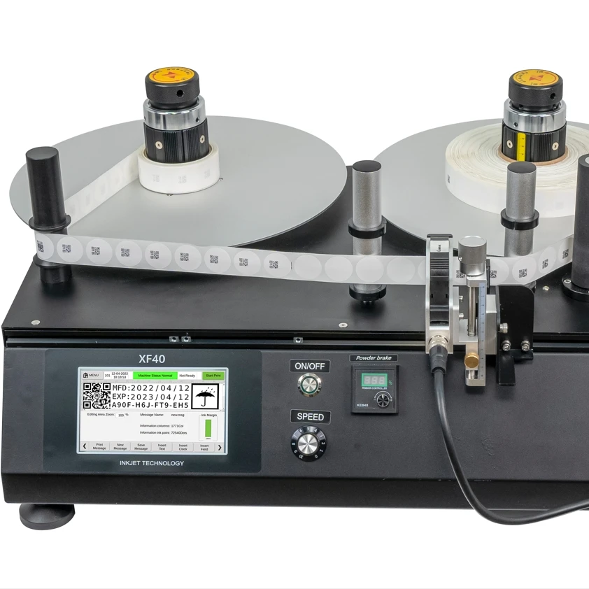 DOCOD XF40 High Speed Marking Machine Mini Label Rewinder with TIJ Thermal Inkjet Printer, QR code Barcode GS1 code