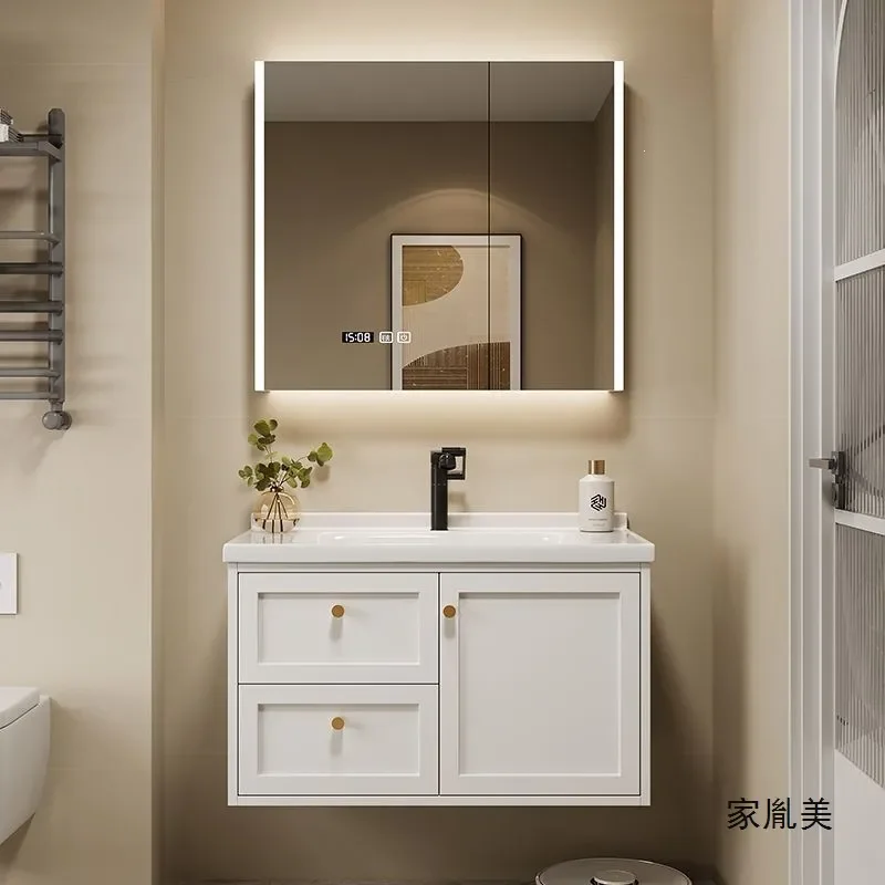 French Cream Ceramic Smart Bathroom Vanity with Integrated Toilet and Basin Modern Wall Mounted Washbasin Cabinet for Home