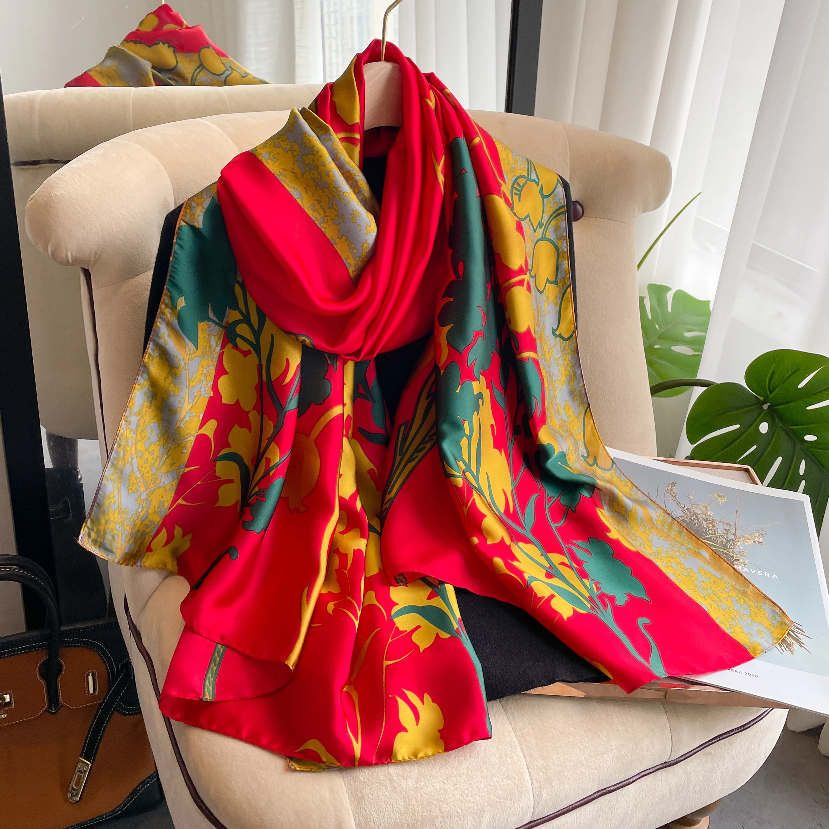 New Luxury Brand Square Silk Scarf, Women's Satin Printed Hijab, Women's Bandana, long beach towel, Headband, Scarf 90*180 cm