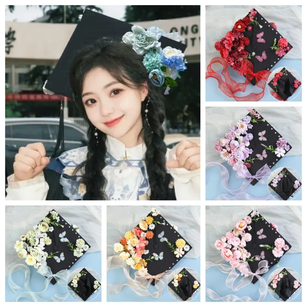 Doctor DIY Flowers Graduation Cap Master Bachelor Academic Hat with Tassels Fringe Charm Ornament Trencher Cap Material Package