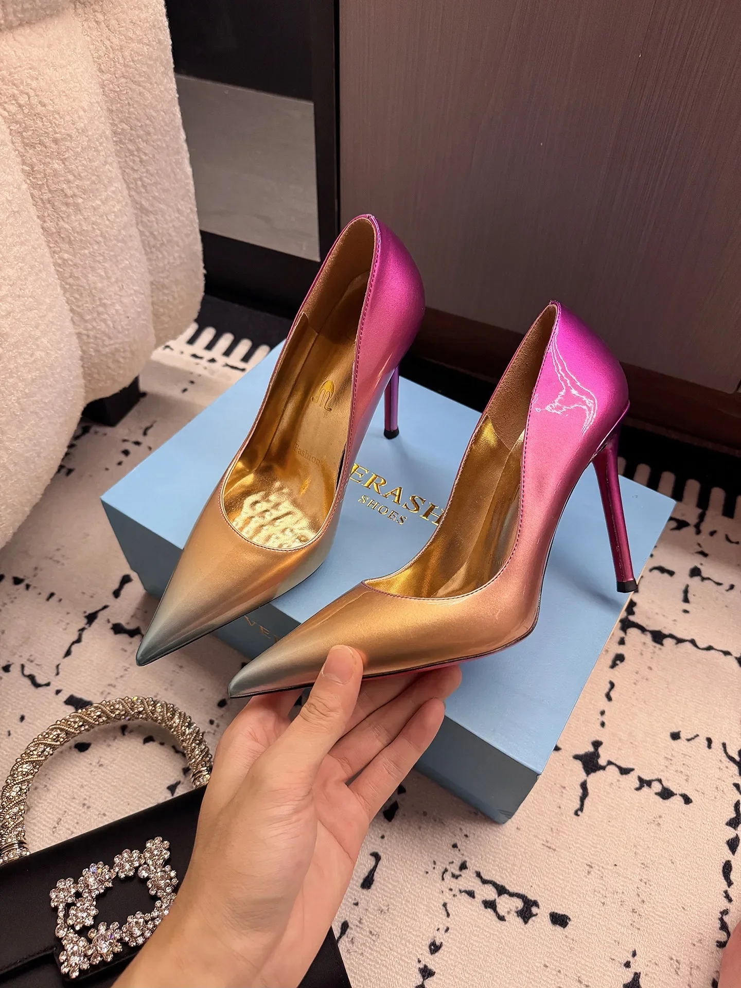 Colorful gradient pink purple pointed patent leather comfortable slim heel high heels for women, shallow mouth single shoes