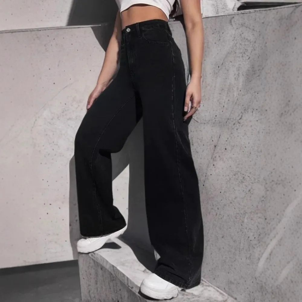 Trendy Fashion Women Straight Leg Jeans Girls Classic Black Leisure Denim Pants Lady Korean Fashion High Waist Trousers