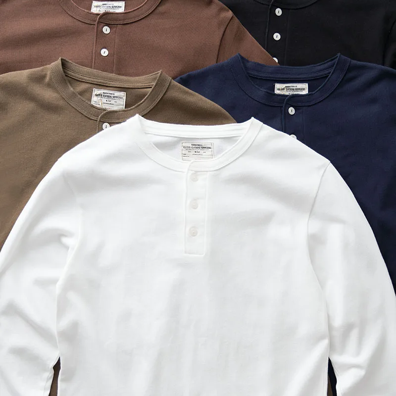 Heavyweight Cotton Long Sleeve T-Shirt Men's Henry Collar American Retro White Base Shirt Youth  Standard Fit Breathable S...