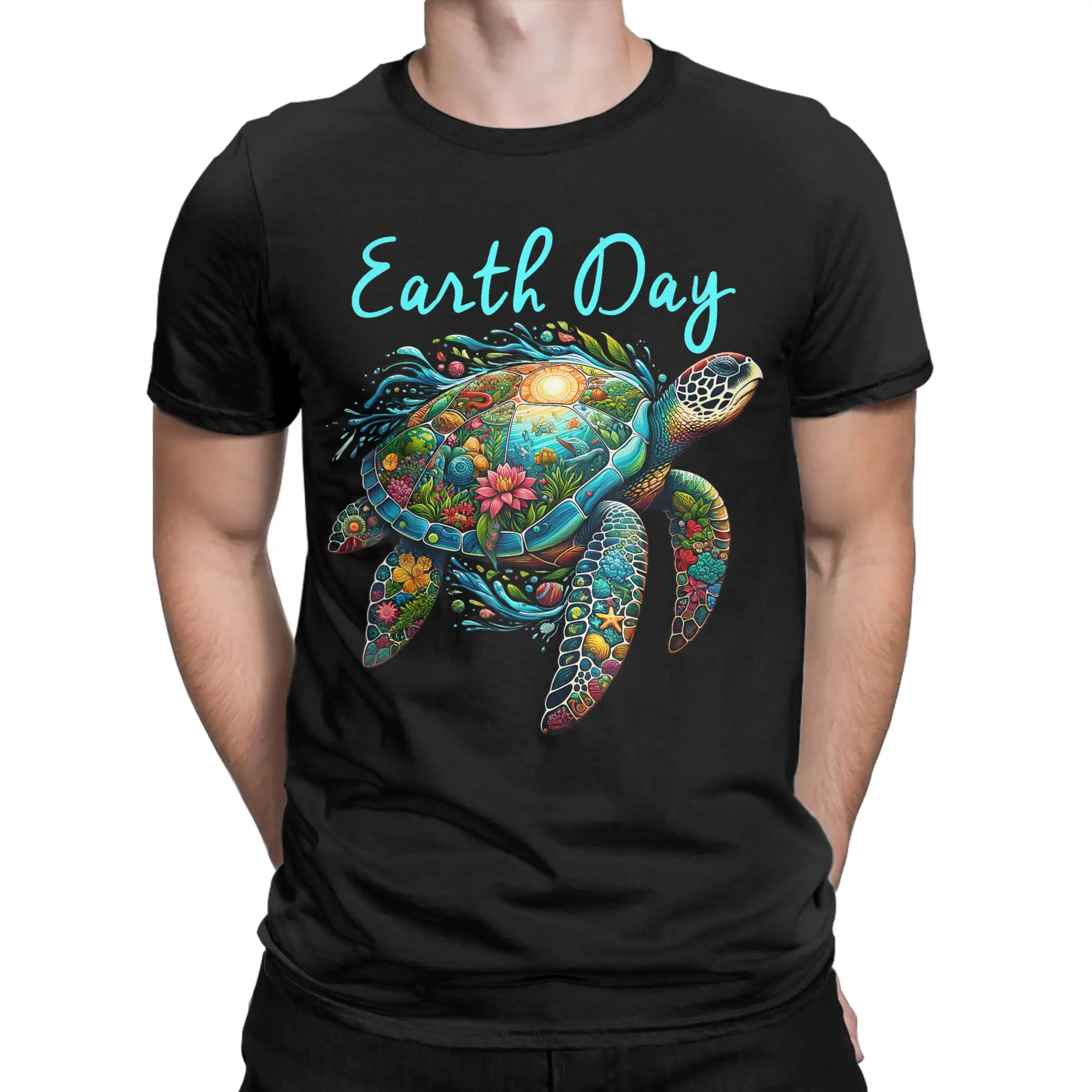 Men T-Shirts Sea Turtle Earth Day Save The Earth Amazing Pure Cotton Tee Shirt Short Sleeve  T Shirts Crewneck Clothes