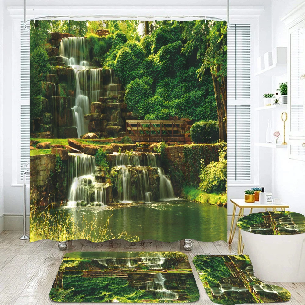 Natural Scenery Forest Waterproof Polyester Shower Curtain Set Anti-slip Soft Bath Carpet Mat Lid Toilet Cover Bathroom Set Deco