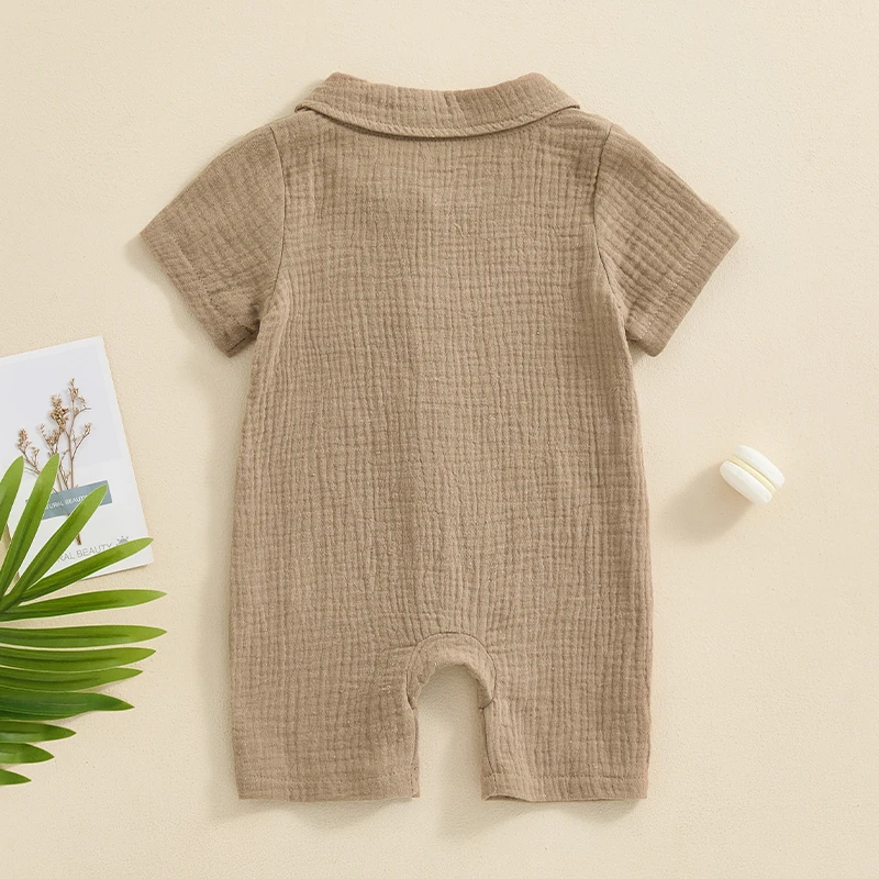 Summer Baby Clothing Newborn Infant Baby Boys Rompers Cotton Linen Solid Color Short Sleeve Lapel Jumpsuit Outfits