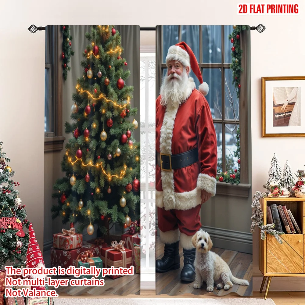 

2pcs 2D flat printing Merry Christmas Window Curtains Santa Claus Christmas Tree Dog 100% Polyester Without Electricity 0 for