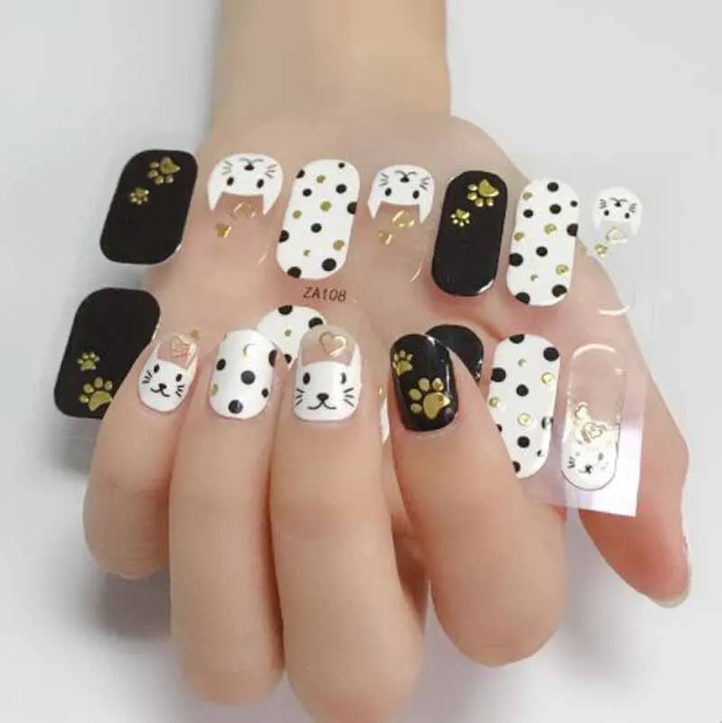 Full Cover Nail Art Stickers Decals Waterproof Bronzing Cat Cartoon Self-adhesive Finished Fake Nail Wraps Beauty Nail Manicures