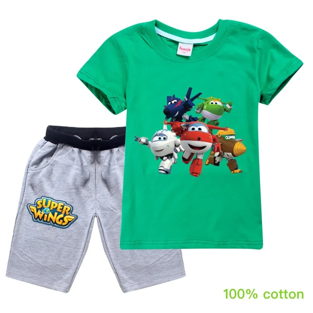 2-16Y Cartoon Super Wings Costume Kids Summer Clothing Boys Short Sleeves Cotton Tshirt Sport Shorts 2pcs Sets Baby Girl Clothes