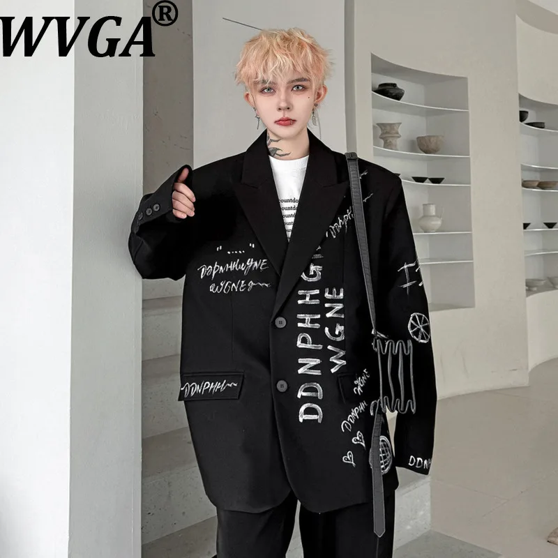 WVGA Spring Autumn New Men Tide Solid Color Lapel Hand-painted Letter Pattern Trendy Blazer Niche Chic Casual Jackets Ins W18875