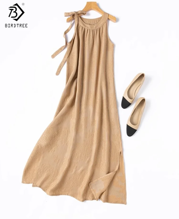

Birdtree Summer 100% Mulberry Silk Dress,Women Guanle Crepe Solid Color O-neck Sleeveless Elegant Skirt,2025 New D56433JF