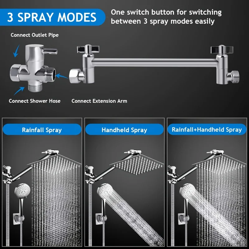 Shower Head，8Inch High Pressure Rain Shower Head/Handheld Shower Combo With11inch Extension Arm，Adjustable5Two-Mode Leak-Proof S