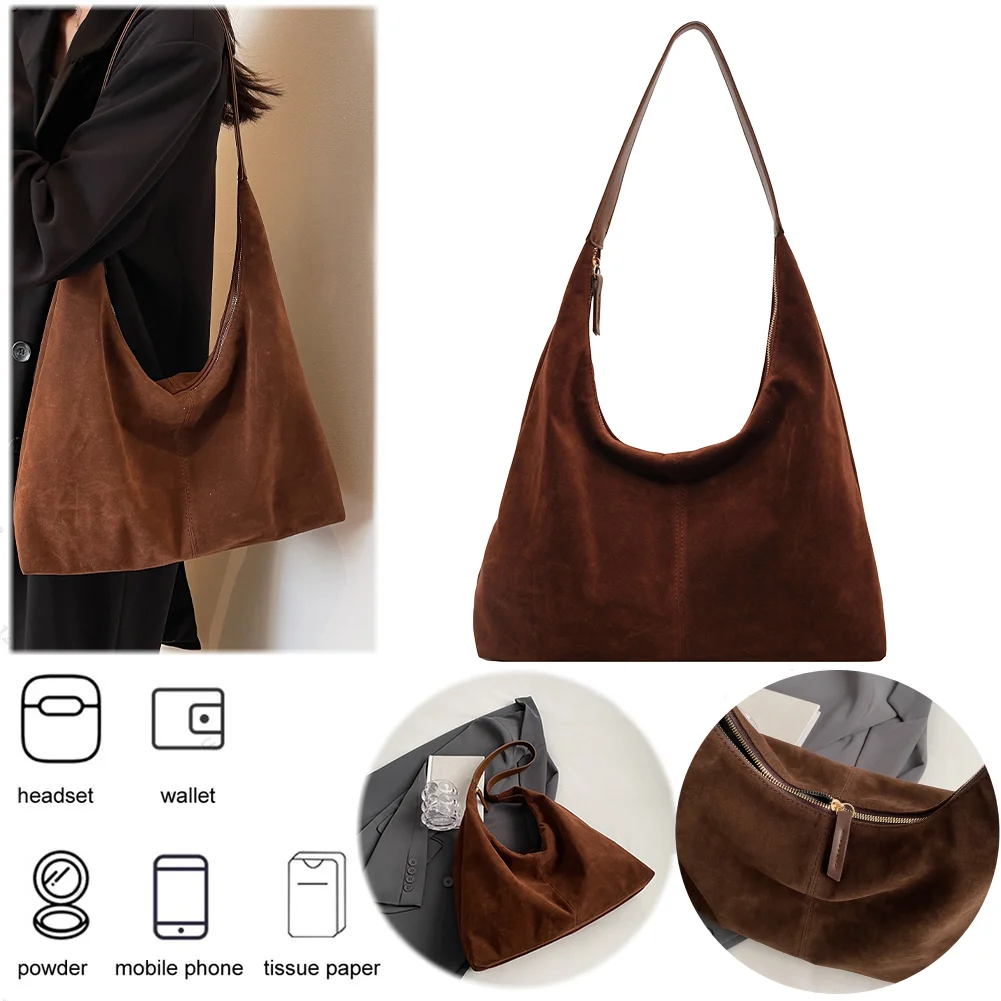 Autumn and Winter Vintage Women's Bag Large Capacity Suede Shoulder Bag Solid Color Simple Casual Commuter Bag Retro Handbags